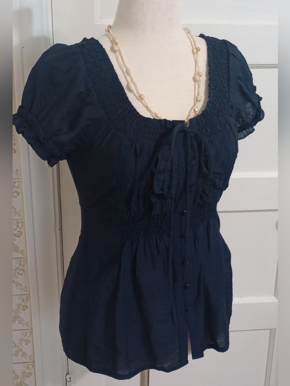 Mine Navy Smocked Scoop-Neck Peasant Blouse